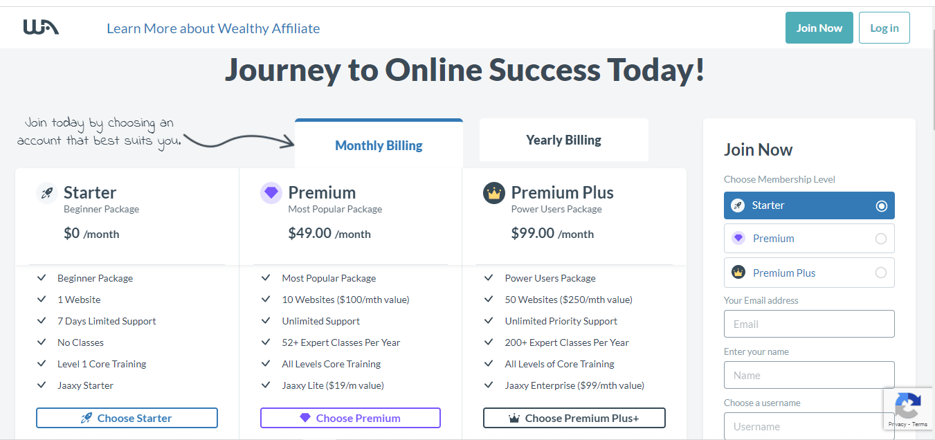 Wealthy Affiliate Membership Plans